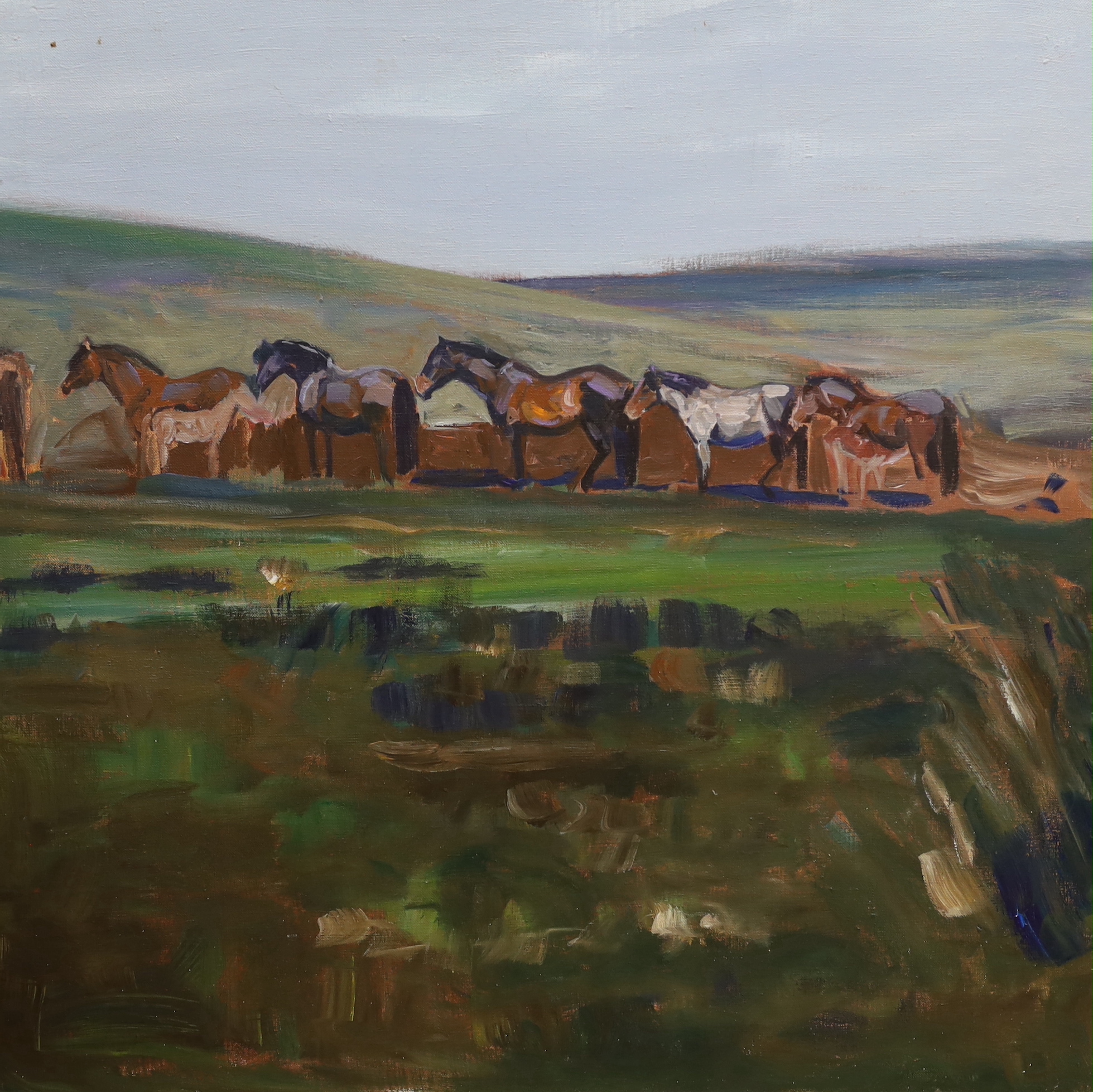 After Sir Alfred Munnings, oil on canvas, Ponies on a hillside, produced for the film 'Summer in February 2012', 100 x 101cm, unframed